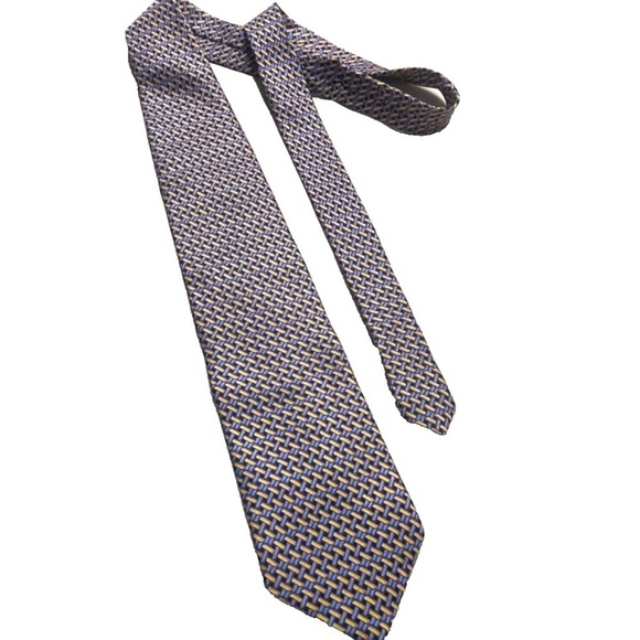 Bolgheri 100% Silk Mens Neck Tie; Made in Italy; Blue/Yellow Basketweave Pattern - Picture 7 of 9